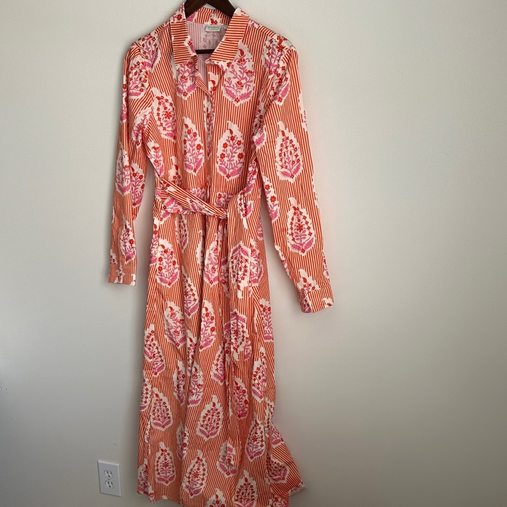 Spartina 449 Orange/Coral and Pink Floral Long Marianne Shirt Dress - Picture 8 of 12